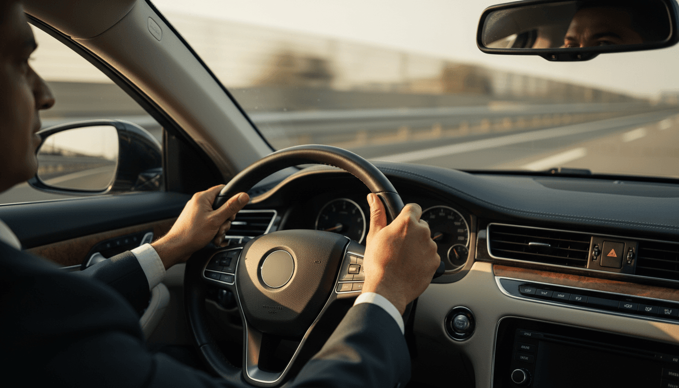 Professional driver at steering wheel of well-maintained sedan
