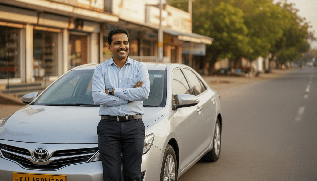 Professional driver standing confidently beside a well-maintained sedan in Kalaburagi