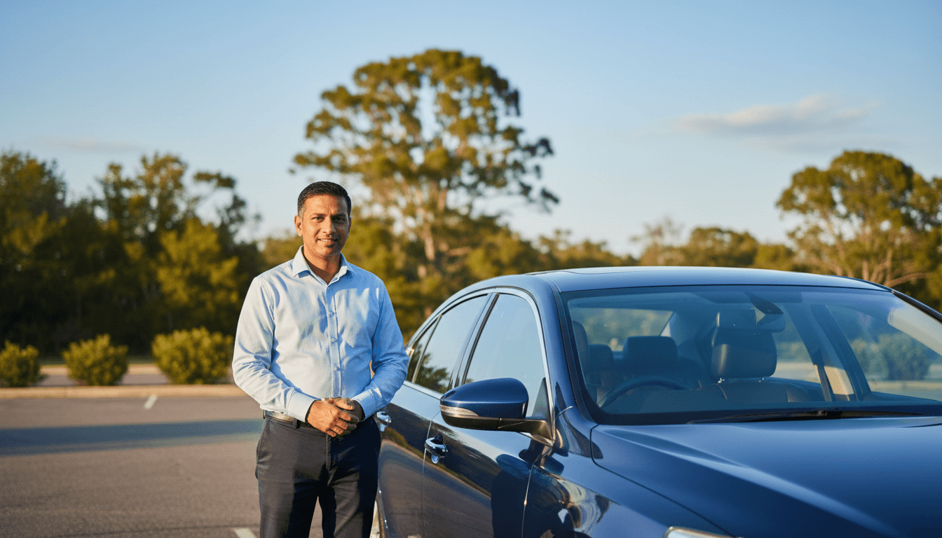 Professional driver standing beside a clean, well-maintained car ready for service in Kalaburagi